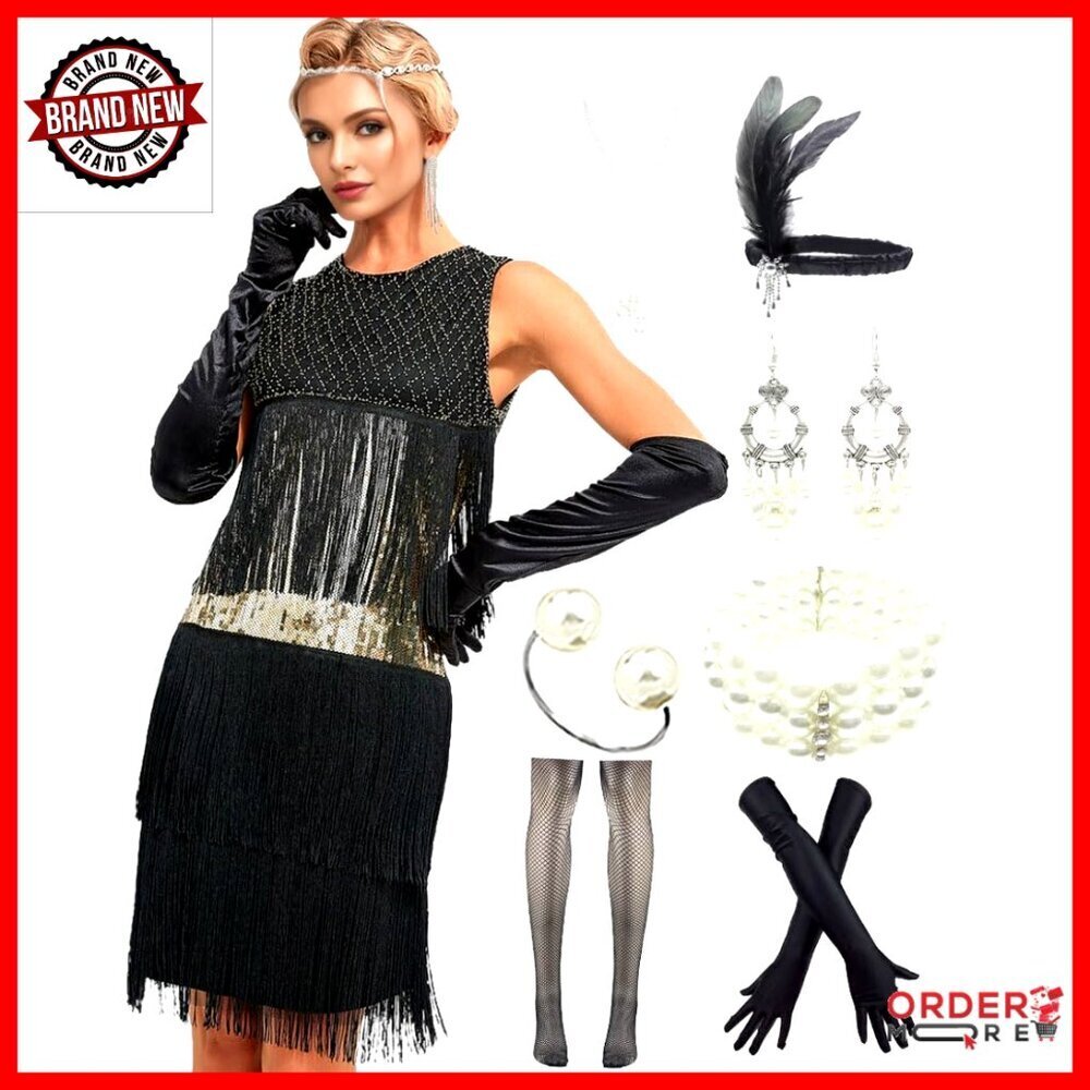 Vintage 1920s Flapper Dress with Long Fringe Sequins Beaded Gatsby Accessories